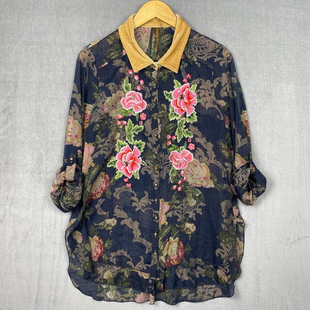 Aratta Silent Journey Blouse Womens Size S Sheer Floral Embroidered Boho Velvet - Picture 3 of 12